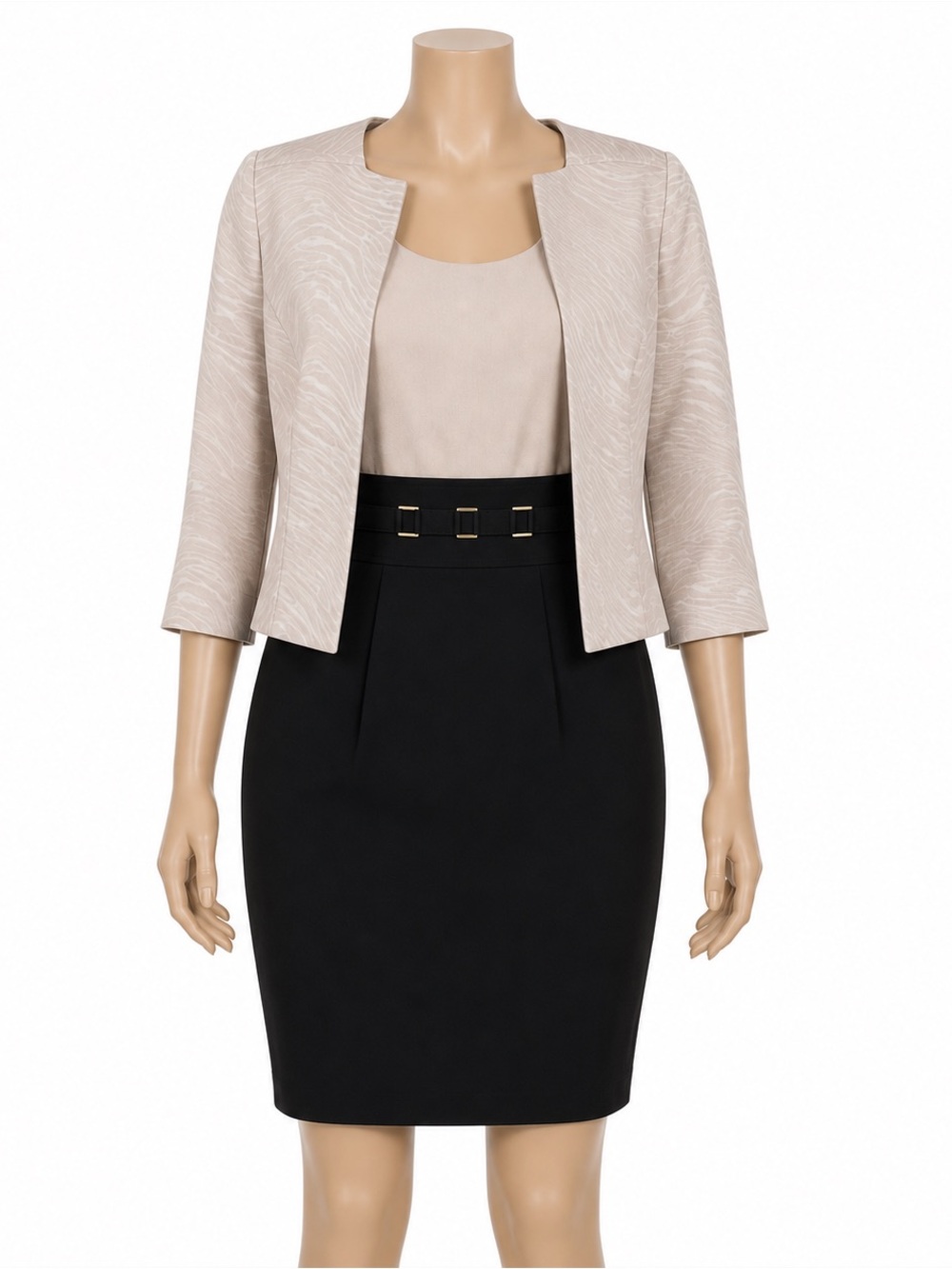 Sandra Darren Women 6P Petite Dress Jacket 2 Piece Set Black Beige NWT